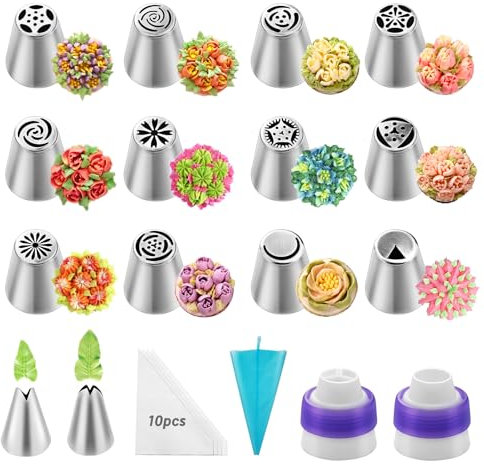 Shofilt 27-Piece Russian Piping Tips Set - Icing Bags and Tips Set Cake Decorating(12 Icing Tips 10 Pastry Baking Bags 2 Leaf Piping Tips 2 Couplers 1 Silicone Bag)