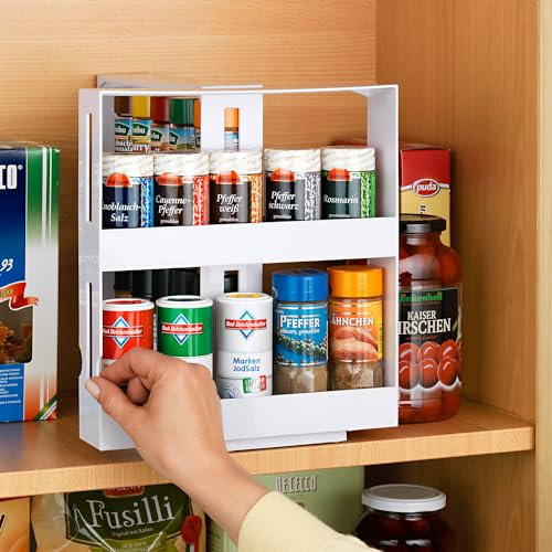 3 Pagen® Gewürzregal stehend [dreh- & ausziehbar] 27,2 x 27,7 x 10,5cm | weiß | kleines Küchenregal Arbeitsplatte | Spice Rack | Gewürzregale | Gewürzständer | Gewürz Regal | Küchenregal klein
