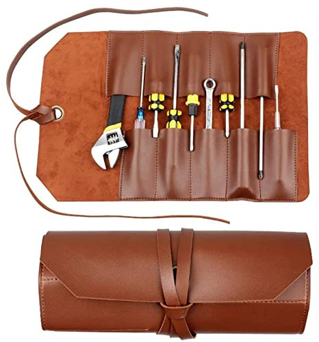 Leather Tool Roll Up Pouch, Multifunctional Toolkit Chisel Bag with 10 Slots, PVC Leather Tool Roll for Storing Wood Carving Folding Knives Bonsais Wrenches Screwdrivers Pliers