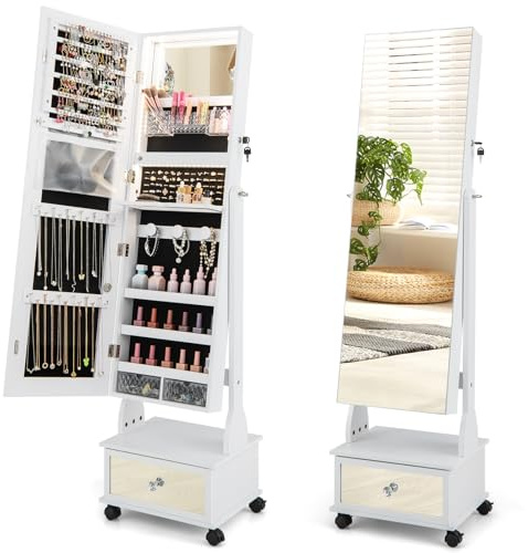 COSTWAY Armoire à Bijoux sur Roulettes, Verrouillable, Organisateur de Bijoux sur Pieds avec Miroir Psyché sans Cadre, Miroir Intégré avec Lumières LED 3 Couleurs, Étagère Pliable (Blanc)