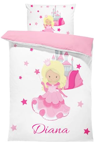 Pictogogo Personalisierte Baby Bettwäsche mit Prinzessin, Wählbare Unterfarbe aus Baumwolle, Prinzessin Bettwäsche Mit Namen, Babybett Komplett Set Mit Reißverschluss (Prinzessin, 135 x 200 cm)