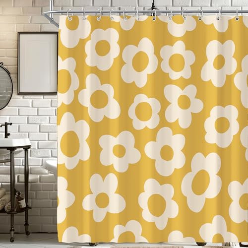 Visioun Retro Duschvorhang, 183 x 183 cm, Gelbe Retro-Blume, Wasserfest, Polyester, Unisex, Badezimmer, Dusche