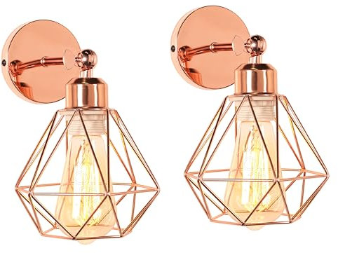 TOKIUS 2 Stücke Wandlampen Vintage 16CM Wandleuchte Innen im Industrial Design Retro E27 Lampe aus Eisen Käfig Lampenschirm Verstellbare Deckenleuchte für Flur Wohnzimmer Schlafzimmer (Roségold)