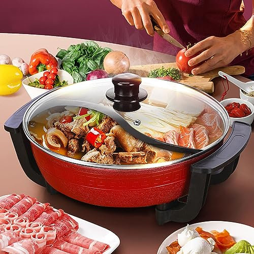 CHIMHOON Elektrischer Kochtopf für 3-5 Personen, 6L Antihaft-Multifunktions-Stocktopf, 1360W Klasse 5 Feuer Kochtopf, Leicht zu Reinigen, Geeignet für Rührbraten/Ramen/Fondue/Stew