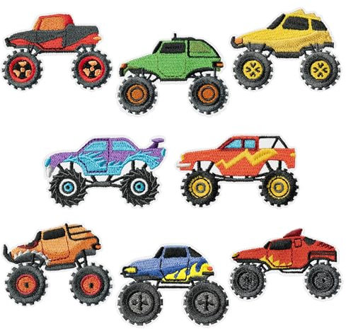 8Pcs Transportation Truck Iron on Patches Colorful Racing Car Vehicle Sew on Repair Embroidered Applique Emblem Cartoon Pickup Truck Biker Racer Club DIY Craft Gift for Kids Boys Clothing Backpack Hat