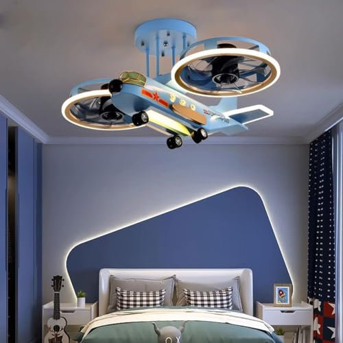 DRINGP Blue Airplane Fan Chandelier Modern Boys Bedroom Study Kids Room Fan Ceiling Light 68W LED 3 Color Variable Light with Remote Control