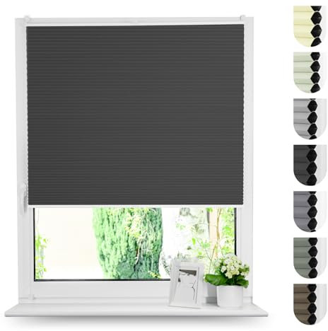 Tom'Shop Plissee Klemmfix ohne Bohren Sonnenschutz Plisseerollo Jalousie Lichtdurchlässig und Blickdicht für Fenster & Tür (WABEN Schwarz B140cm x H150cm)