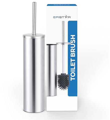 EPISTAR Silicone Toilet Brush & Holder Set - Stainless Steel - Replacement Heads Available - 45cm Tall - Toilet Brush Silicone with Long Handle (Silver)