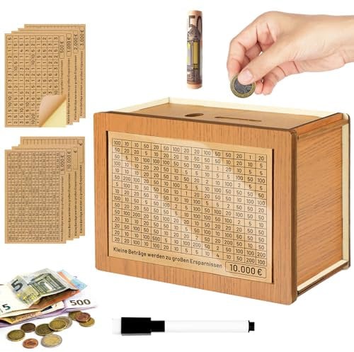 Nepfaivy Spardose mit Zähler Ankreuzen aus Holz - Wiederverwendbare Sparbox mit Zahlen aus €500-€10000 Sparzielen, Goalsaver Box | Geldsparbox | Retro Sparbüchse für Kinder Erwachsene