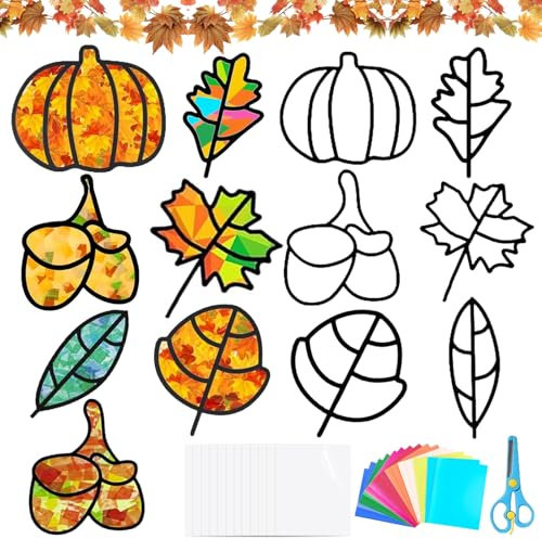 KOIROI Herbst Basteln Kinder, 12 Stück Fensterbilder Herbst Bastelset, Herbstdeko Herbst Basteln mit Kindern, DIY Herbst Dekoration Bastelset Kinder Jungen Mädchen Geschenk