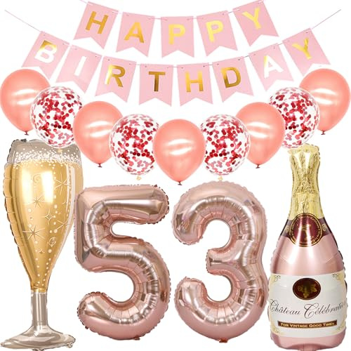 Feelairy Luftballon 53. Geburtstag Deko Frau, Rosegold Folienballon Weinflasche Sektflasche Helium Ballon Champagner Flasche, Girlande Happy Birthday Deko für Geburtstagsdeko 53 Jahre Frauen