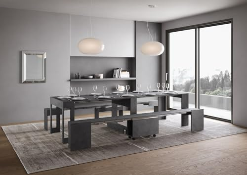 IMAGO FACTORY Lover - Console extensible avec banc inférieur et supérieur, table extensible salle à manger (jusqu'à 302 cm) Meuble console d'entrée moderne, fabriqué en Italie (anthracite spatule)