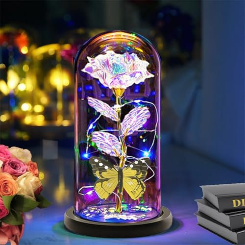 Christmas Rose Gift For Women Mom Grandma Sister Her Wife Girlfriend Gifts, Glass Rose Flower Gifts,Light Up Rose In Glass Dome, Galaxy Yellow Butterfly Rose in Glass Dome,Birthday Gifts For Women