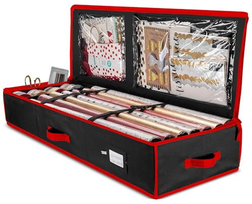 Wrapping Paper Storage Organizer - 600D Oxford Fabric Box, Holds Up to 20 Rolls With 2 Clear Vinyl Pockets, Red (14x40x6)