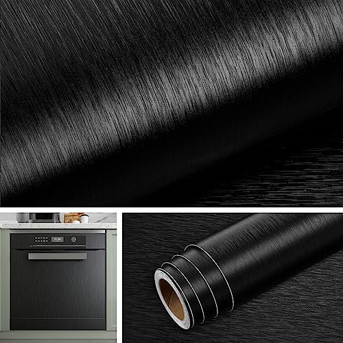 Livelynine Credence Adhesive pour Cuisine Noir Effet Inox Brossé Papier Adhesif pour Meuble Cuisine Brossé Noir Table Armoire Autocollant Frigo Réfrigérateur Noir Film Adhesif Lave Vaisselle 40CMx2M