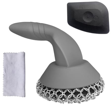 Scrubber in ghisa con raschietto e asciugamano, 316 Chainmail Scrubber con manico lungo, pulitore per grill, padella, wok, acciaio al carbonio, spazzola metallica per forno olandese (grigio)