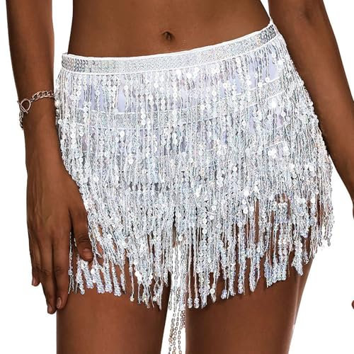 Homefantasy Falda De Lentejuelas para Danza con Borlas,Belly Rave Faldas con Flecos,Falda De Cuatro Capas con Flecos De Lentejuelas Plateadas,Falda Carnaval De Festival para Mujeres y Niñas