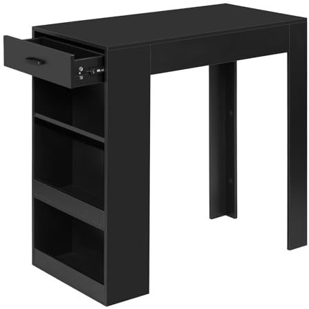 WOLTU Table de Bar, Table Haute Cuisine, avec 1 Tiroir et 3 Compartiments Ouverts pour Rangement Latéral, en Bois d'Ingénierie, Noir, 100x50x100cm