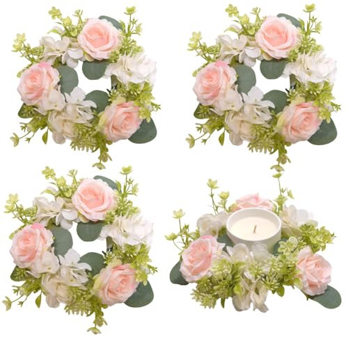 Huilimei 4 Stück Kerzenringe, Kränze, künstliche Hortensienkranz, Kerzen, Kränze für Säulen, Weihnachten, Hochzeit, Zuhause, Tischdekoration, Rosa