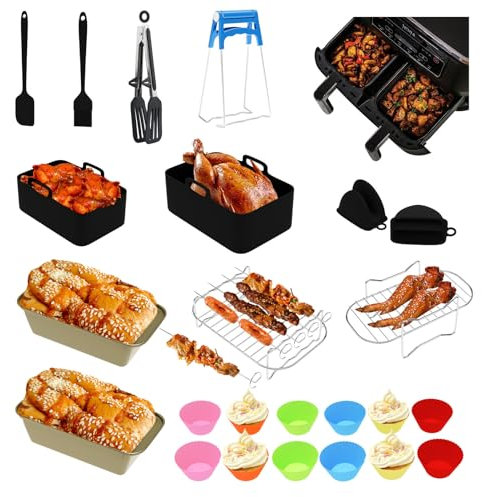 Feelhap Accessori Per Friggitrice Ad Aria, Kit Accessori per Moulinex EY9018 5,2/3,1L, Cecotec Cecofry DuoSize 9L 5,5/3,5L, 24 PCS Accessori Dual Friggitrice ad Aria Griglia per Friggitrice ad Aria