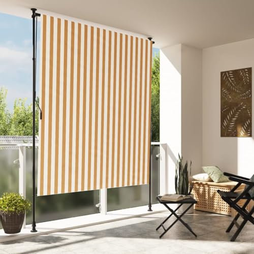 Gecheer Verdunkelungsrollo, einziehbarer Sichtschutz mit Kurbel, Stahlrahmen, für Terrasse und Balkon, 150x270 cm, orange und weiß
