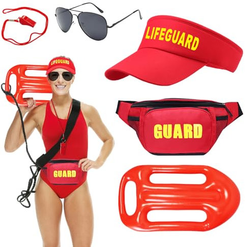 5 Stück Rettungsschwimmer Kostüm Set, Lifeguard Outfits Zubehör mit Aufblasbarer Schwimmhilfe Fischerhut Gürteltasche Pfeife Sonnenbrille für Erwachsene Damen Herren Fasching Karneval Mottoparty