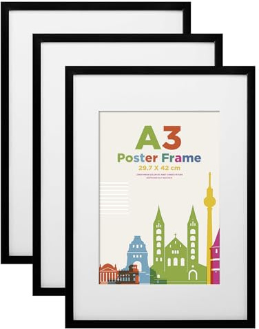 Egofine Bilderrahmen A3, Holzrahmen Rahmen A3 mit Acrylglas Passepartout für Fotos DIN A4,Zertifikatsrahmen für Wandmontage,29.7 x 42 cm Posterrahmen für Portrait,Zuhause, Büro,Schwarz,3er