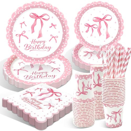 WINAROI 80pcs Décorations De Fête À Nœud Rose,Vaisselle Kit Anniversaire Fille,Assiette Anniversaire Fille Fournitures De Fête d'anniversaire pour Filles À Nœud Baby Shower