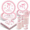 WINAROI 80pcs Décorations De Fête À Nœud Rose,Vaisselle Kit Anniversaire Fille,Assiette Anniversaire Fille Fournitures De Fête d'anniversaire pour Filles À Nœud Baby Shower