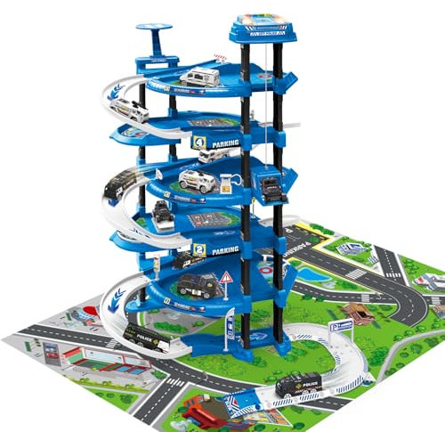 Police Car Parking Garage Playset, 5-Level Spiral Track with Helicopter Pad, 82 Pieces, Light and Sound Effects
