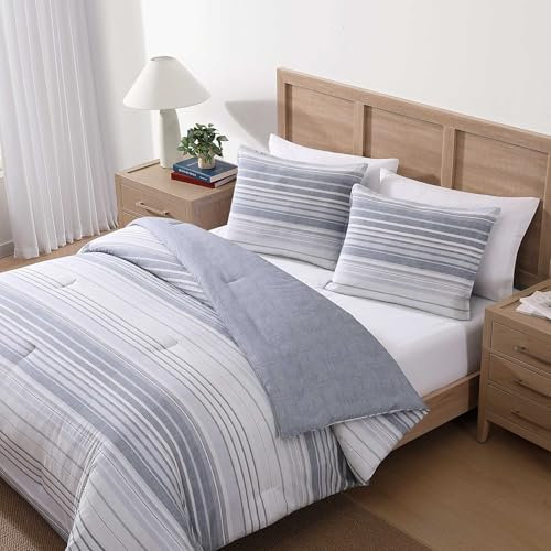 Tommy Hilfiger® Bettwäsche-Set für Doppelbett, strukturierte Baumwolle mit passendem Kissenbezug, mittelschweres Bettwäsche-Set, Oeko-Tex-Zertifiziert, Grau (gestreiftes Grau)