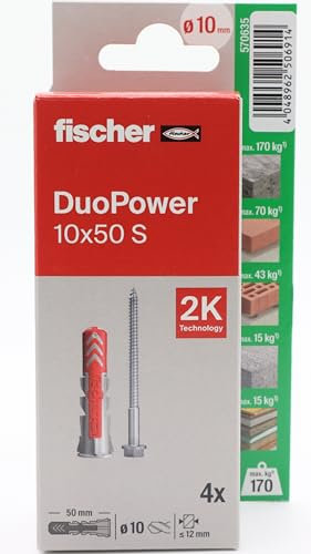 fischer - Duopower 10x50 Con Tornillo - 4U, Tacos para pared multimaterial, sirven para Colgar Bicicletas, Cuadros, Armarios, Soportes de Televisión, Estanterías, Muebles.