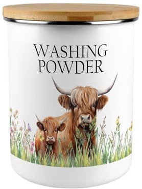 Purely Home Highland Cow & Calf Washing Powder Canister - Countryside Farm Animals Large Enamel Kitchen Pantry Food Storage Container Gift