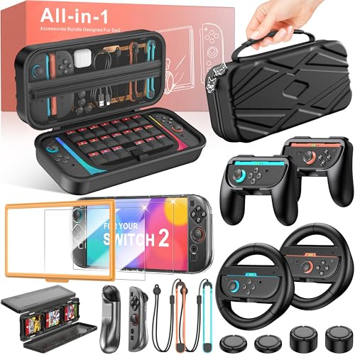 16 IN 1 Switch 2 Zubehör Kit, Switch 2 Zubehör für Nintendo mit Switch Tasche/Switch Lenkrad/Switch Panzerglas/Switch Ladestation/Switch Schutzhülle/Switch Grip, Zubehör für Switch 2 /Switch/OLED