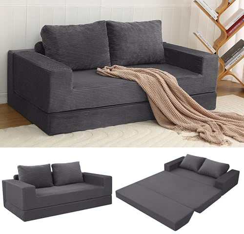 MeMoreCool Boneless Couch, Cord Faltbares Bodensofa mit Kissen, Ausziehbares Futon Schlafsofa, Bequemes Lounge-Sofa/Matratze/Gästebett für Wohnzimmer und Schlafzimmer, Grau