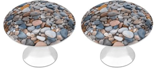 YHNNH Lot de 2 boutons de porte d'armoire, poignées de tiroir rondes en acier inoxydable imprimé galets colorés plage 28 mm