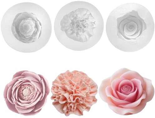 3 Pezzi Stampi in Silicone per Candele Stampo Silicone Fiori Stampo | per Candele Rose Peonia Garofano Stampi per Candele Fai Da Te per Candele Profumate, Ornamenti
