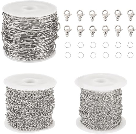FASHEWELRY 15M 3 rollos de cadenas de clip de papel de acero inoxidable, cadena de cable de eslabones ovalados, cadenas de bordillo de metal trenzado con cierres de pinza de langosta y anillas de