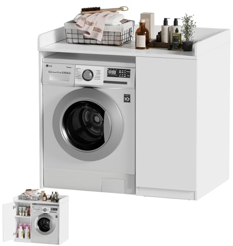 MSFE Washing Machine Cabinet, 96x66x96cm, Washer Dryer Countertop Laundry Cabinet with 2 Compartments for kitchen and bathroom, White