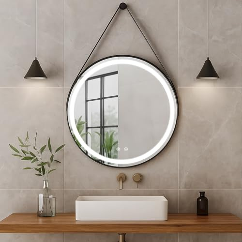 Trintion LED Spiegel Bad mit Beleuchtung 70cm Rund – Touch-Schalter, Beschlagfrei, Dimmbar – Badezimmerspiegel mit Licht für Make-up & Rasu Abnehmbarem Lederband
