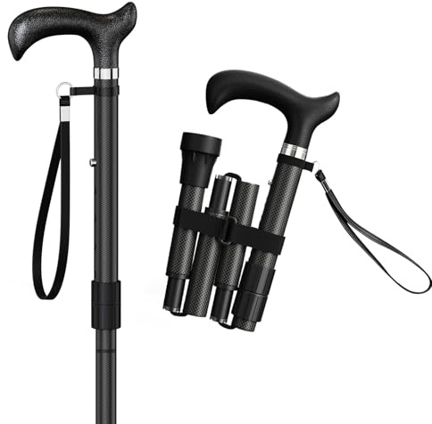 Intercare Gehstock aus Holz – Faltbarer Gehstock aus Kohlefaser für Männer und Frauen, leicht, verstellbar, zusammenklappbar, Reisestock mit Holzgriff und Handgelenkschlaufe, unterstützt 85-95 cm
