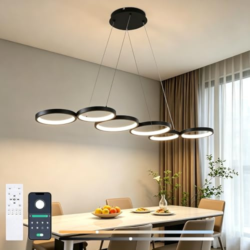 Liyabber 113cm LED Pendellampa för Matbord, Dimbar, 69W Svart Hänglampa