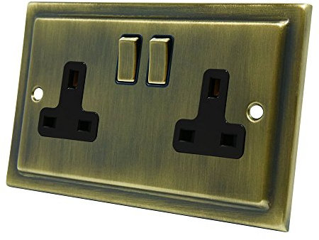 AET VAB2GSOCBB Victorian Antique Brass 2 Gang Socket-13 Amp Double Electrical Plug Socket, 250 V