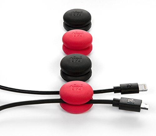 tizi Knubbi Macaron: 4 Kabelclips (2x schwarz, 2x rot) mit selbstklebenden Pads. Fixiert 2 Kabel. Hochwertiges Anti-Rutsch-Silikon für sicheren Kabelhalt