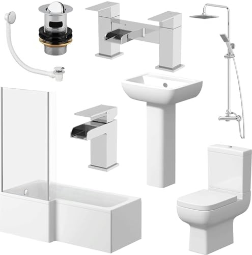 Complete Bathroom Suite Package Left Hand L Shaped | 1700mm Bath, 5mm Screen Shower, Basin Pedestal, Toilet, Tap and Waste Set