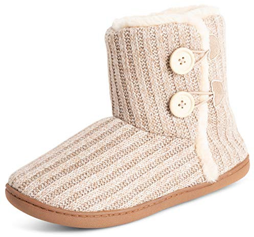 Polar Femmes Mousse A Mémoire Tricotée Bouton Fausse Fourrure Semelle En Caoutchouc Peluche L'hiver Chaussons - Beige - UK6/EU39 - YC0718