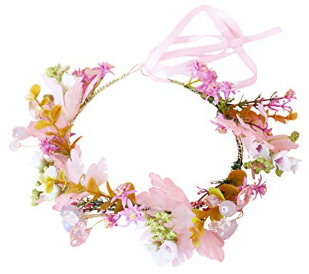 Brikuinr Blumenkranz mit Perlen, Blumenkranz, Haarkranz, Haargirlande, Halo, Blumen-Kopfschmuck mit Band, Hochzeit, Party, Festival, Rosa