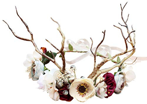 Brikuinr Deer Flower Crown Boho Floral Headband Hair Wreath Hair Garland Flower Halo Floral Headpiece with Ribbon Wedding Party Festival