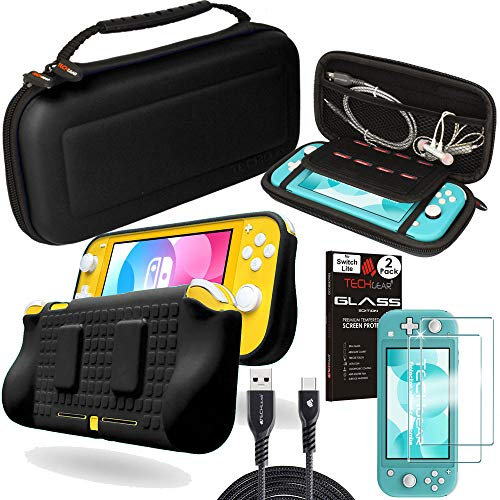 TECHGEAR Switch Lite Ensemble d'accessoires, Coque et protecteur d'écran pour Nintendo Switch Lite, Housse de protection de transport & rangement, étui souple, 2x Verre trempé et 2m USB Câble [NOIR]