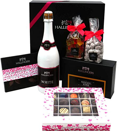Hallingers Muttertag Big Box Pink - Muttertagsgeschenk Geschenk Set Schokolade Pralinen Sekt Tee Nougat & Gummibären zum Muttertag (Box) - Geschenk im Sommer & als perfektes Grillgeschenk | Danke Jahr